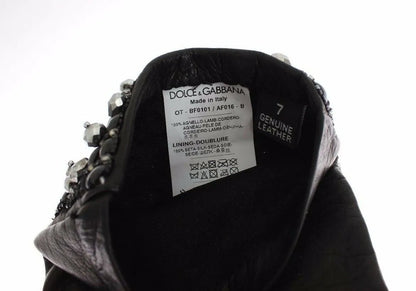 Black Leather Crystal Beaded Finger Free Gloves-Dolce & Gabbana-LabelTerrace.com
