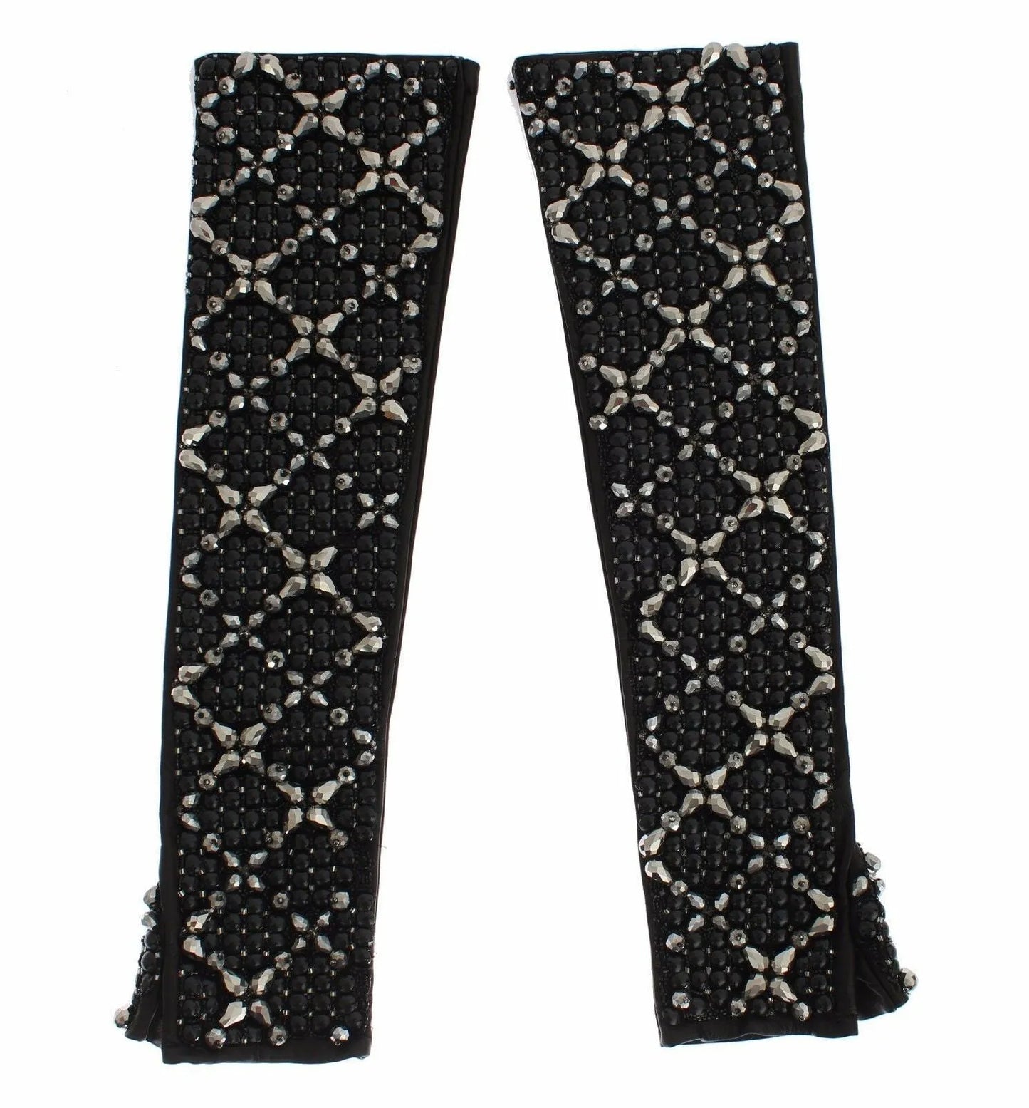 Black Leather Crystal Beaded Finger Free Gloves-Dolce & Gabbana-LabelTerrace.com