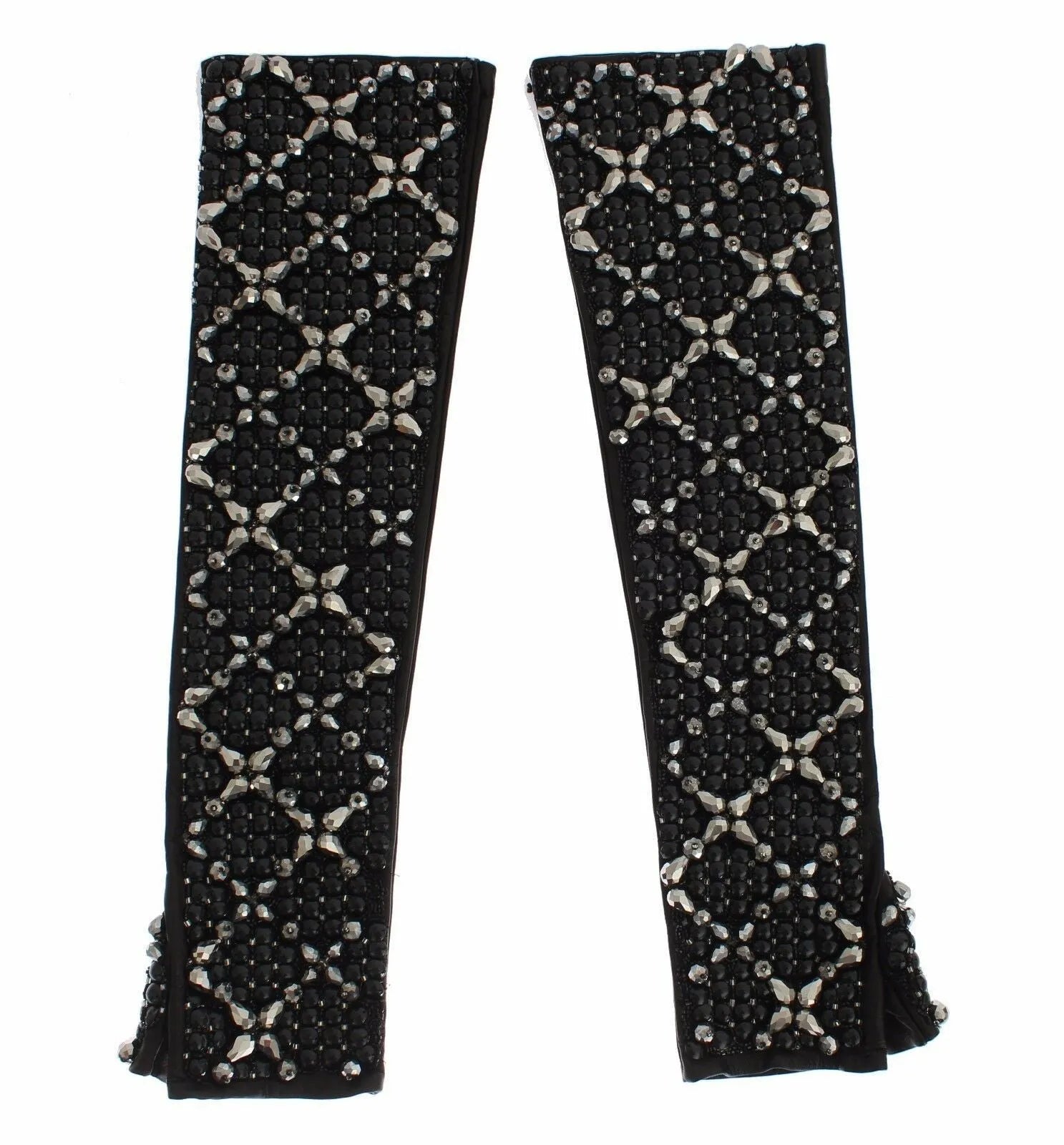 Black Leather Crystal Beaded Finger Free Gloves-Dolce & Gabbana-LabelTerrace.com