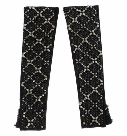 Black Leather Crystal Beaded Finger Free Gloves-Dolce & Gabbana-LabelTerrace.com
