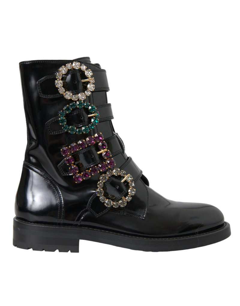 Black Leather Crystal Buckles Boots Shoes-Dolce & Gabbana-LabelTerrace.com
