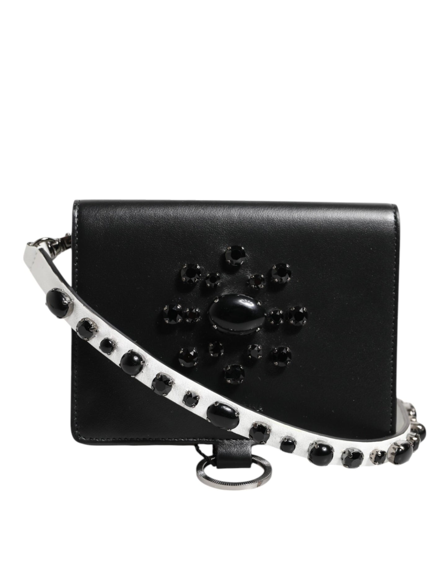Black Leather Crystal Embellished Card Holder Wallet-Dolce & Gabbana-LabelTerrace.com