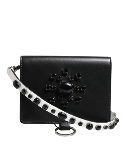 Black Leather Crystal Embellished Card Holder Wallet-Dolce & Gabbana-LabelTerrace.com