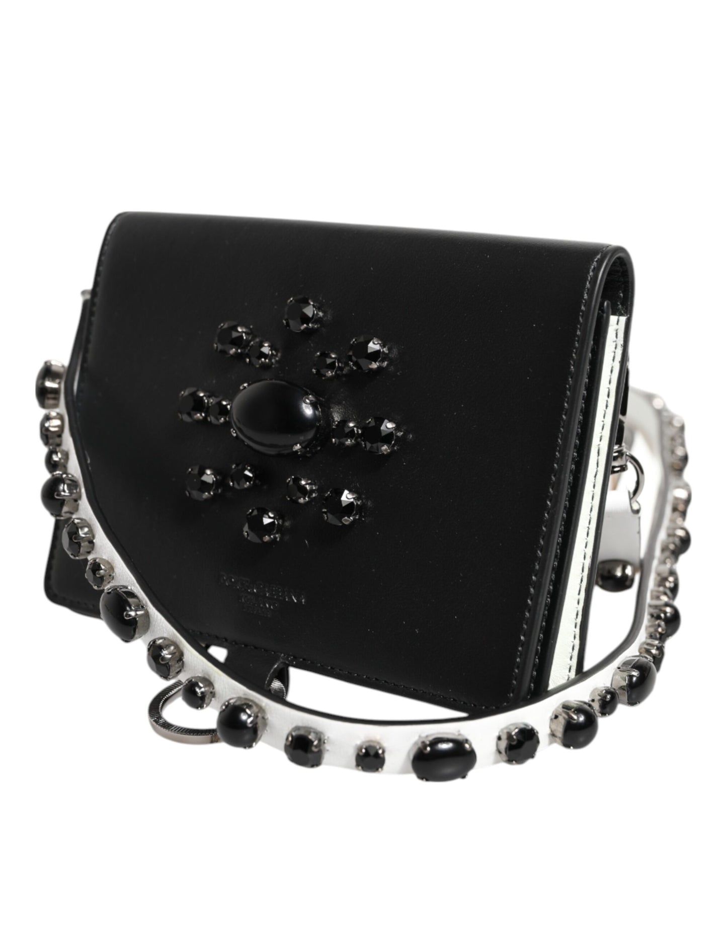Black Leather Crystal Embellished Card Holder Wallet-Dolce & Gabbana-LabelTerrace.com