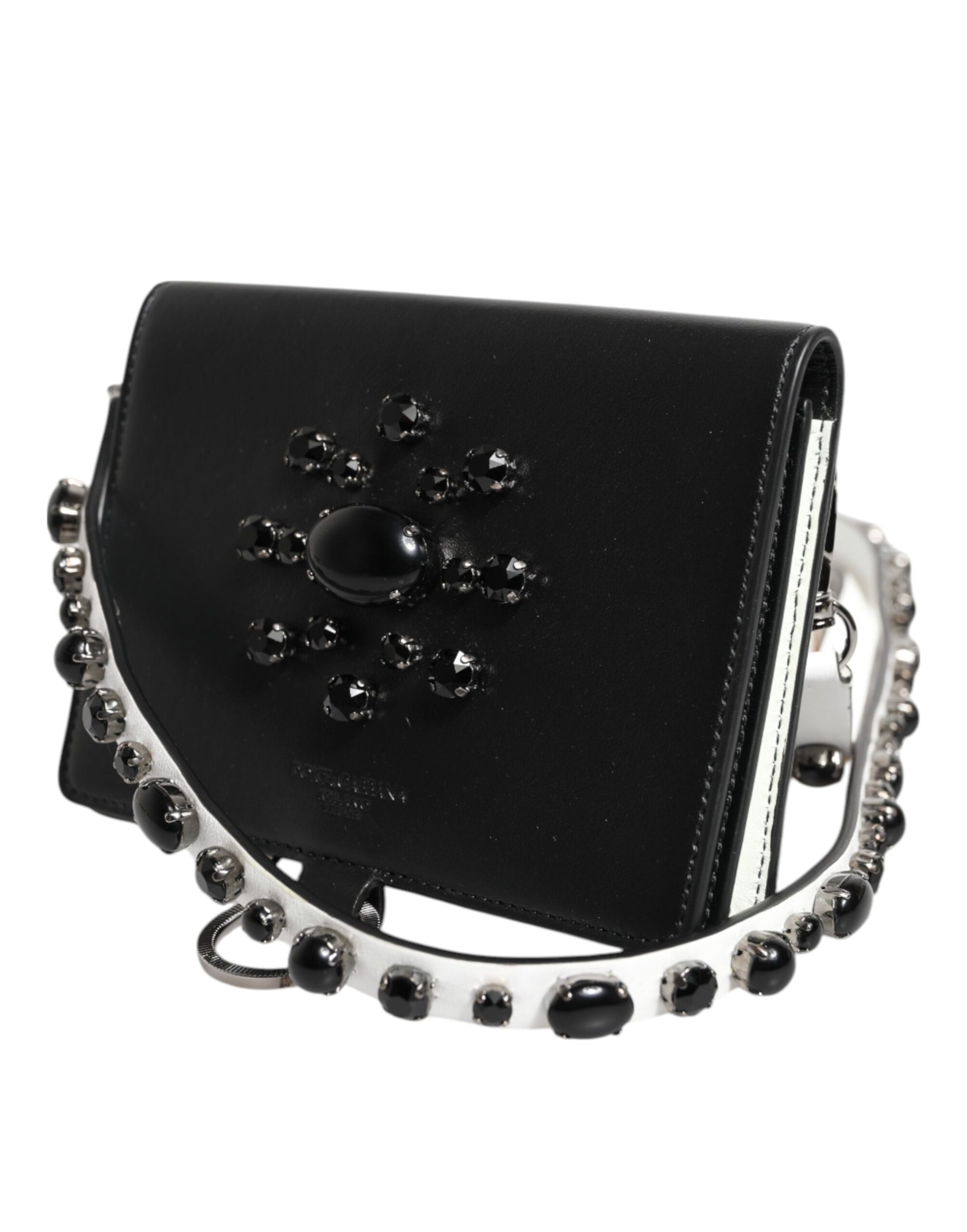 Black Leather Crystal Embellished Card Holder Wallet-Dolce & Gabbana-LabelTerrace.com