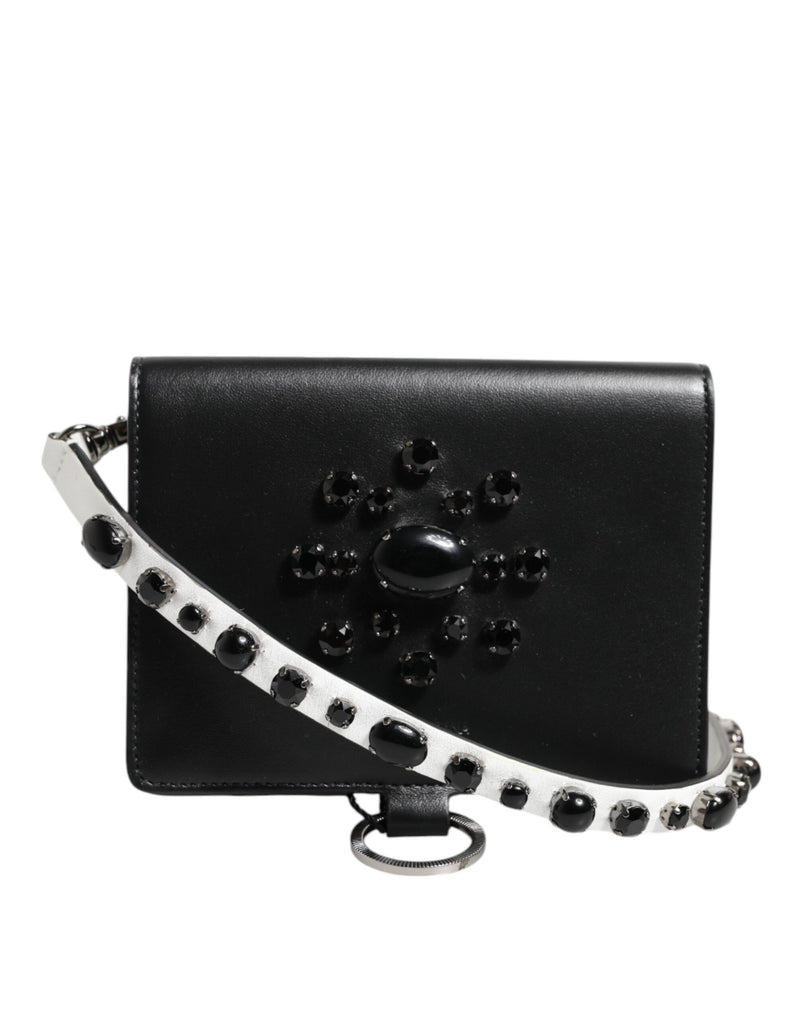 Black Leather Crystal Embellished Card Holder Wallet