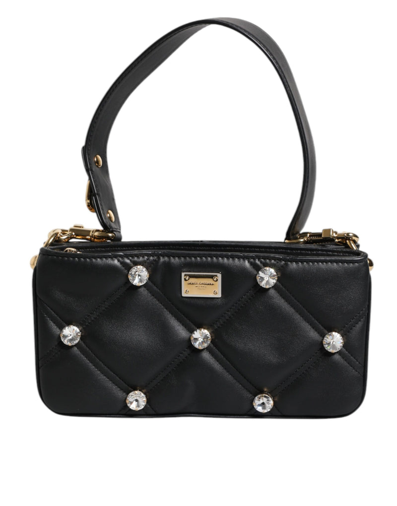 Black Leather Crystal Embellished Logo Shoulder Bag-Dolce & Gabbana-LabelTerrace.com