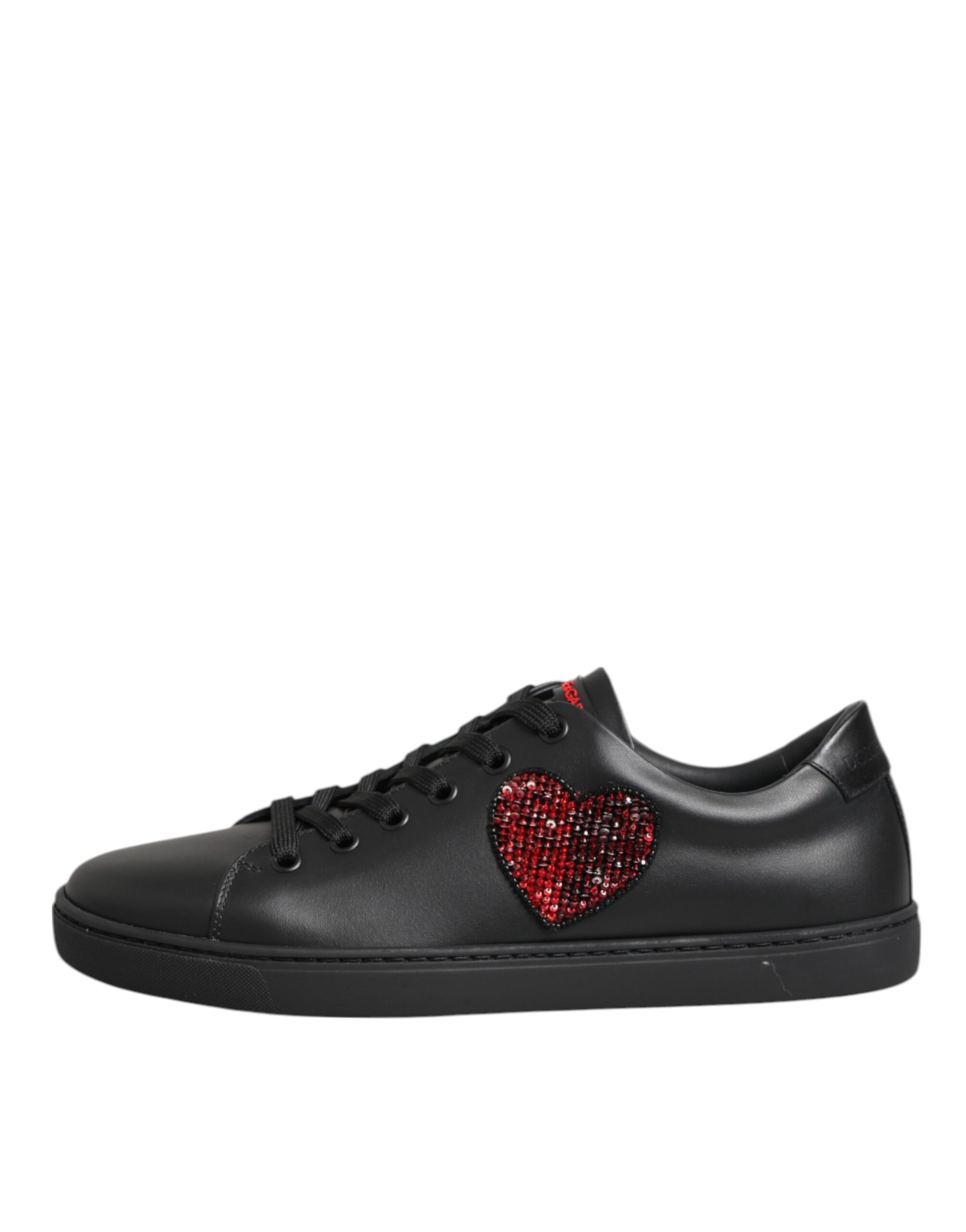 Black Leather Crystal Heart Low Top Sneakers Shoes