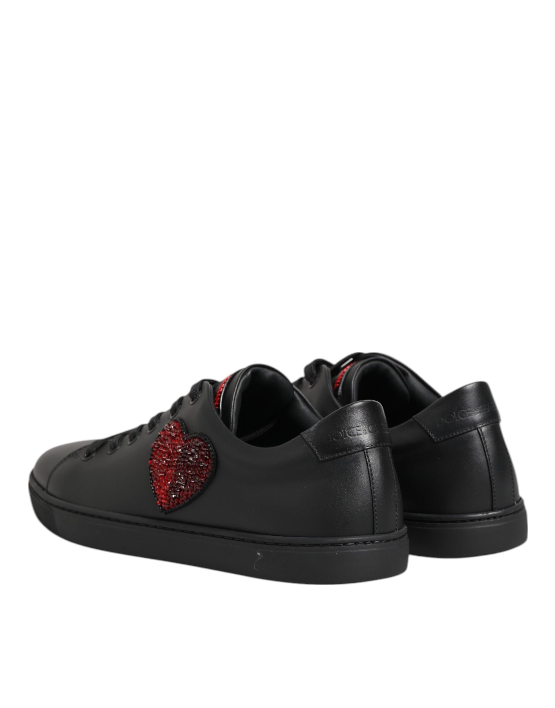 Black Leather Crystal Heart Low Top Sneakers Shoes