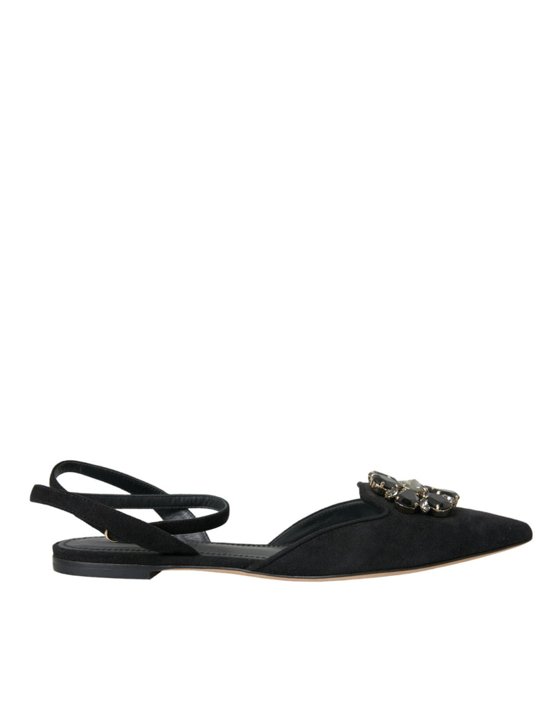 Black Leather Crystal Slingback Sandals Shoes-Dolce & Gabbana-LabelTerrace.com