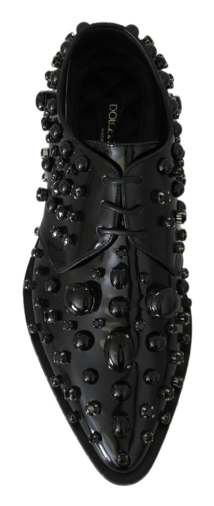 Black Leather Crystals Dress Broque Shoes-Dolce & Gabbana-LabelTerrace.com