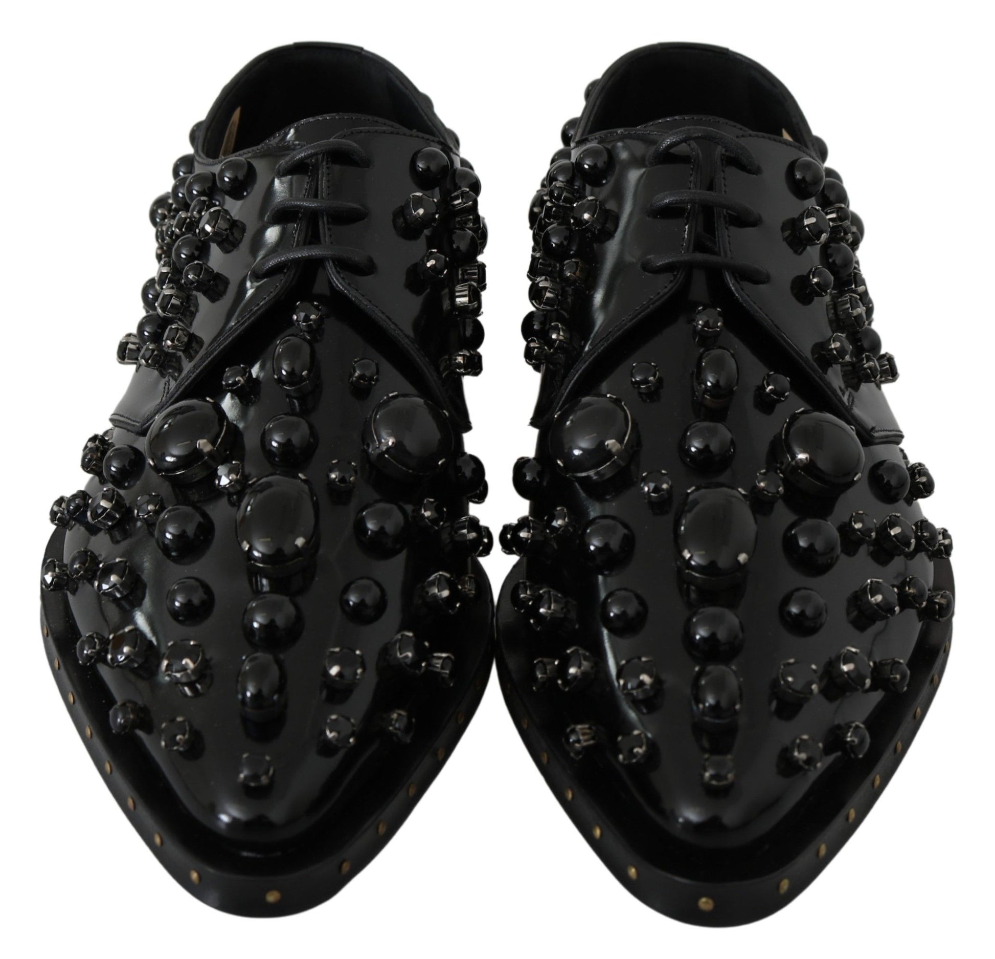 Black Leather Crystals Dress Broque Shoes-Dolce & Gabbana-LabelTerrace.com