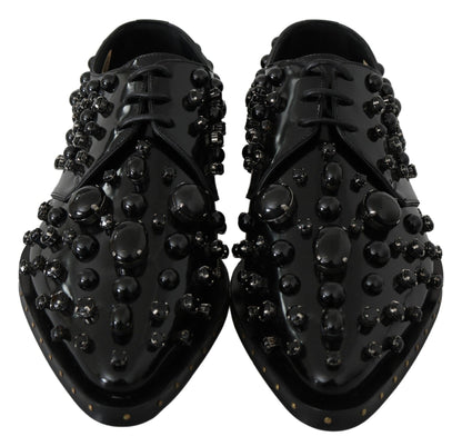 Black Leather Crystals Dress Broque Shoes-Dolce & Gabbana-LabelTerrace.com