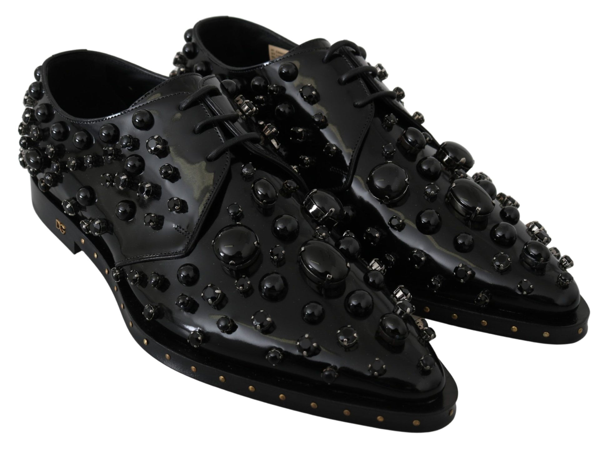 Black Leather Crystals Dress Broque Shoes-Dolce & Gabbana-LabelTerrace.com