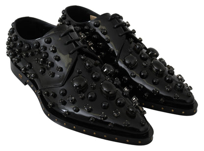 Black Leather Crystals Dress Broque Shoes-Dolce & Gabbana-LabelTerrace.com