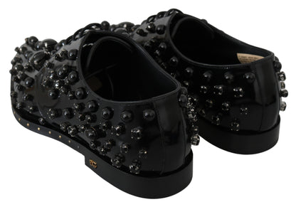 Black Leather Crystals Dress Broque Shoes-Dolce & Gabbana-LabelTerrace.com
