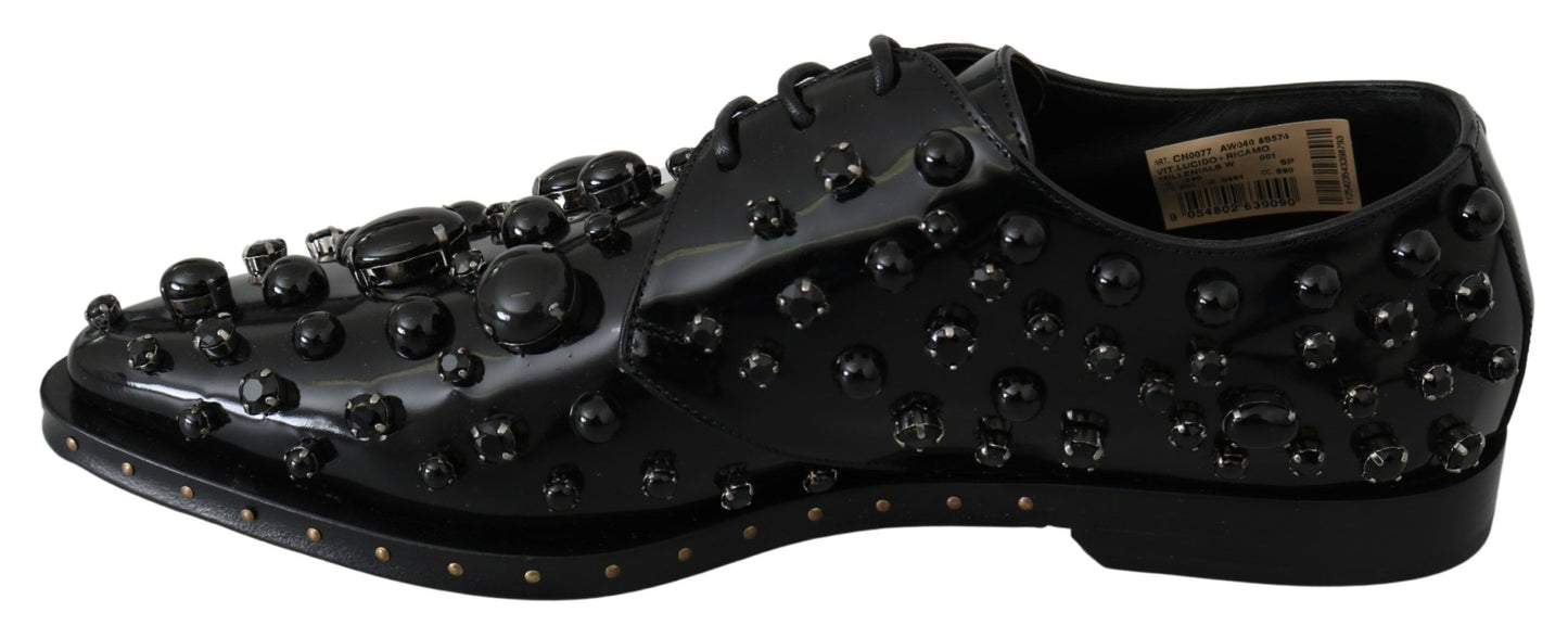 Black Leather Crystals Dress Broque Shoes-Dolce & Gabbana-LabelTerrace.com