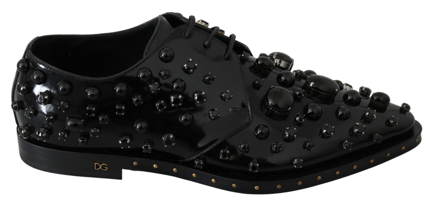 Black Leather Crystals Dress Broque Shoes-Dolce & Gabbana-LabelTerrace.com