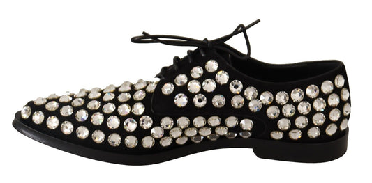 Black Leather Crystals Lace Up Formal Shoes-Dolce & Gabbana-LabelTerrace.com
