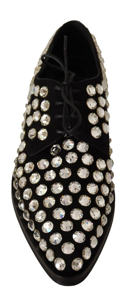 Black Leather Crystals Lace Up Formal Shoes-Dolce & Gabbana-LabelTerrace.com