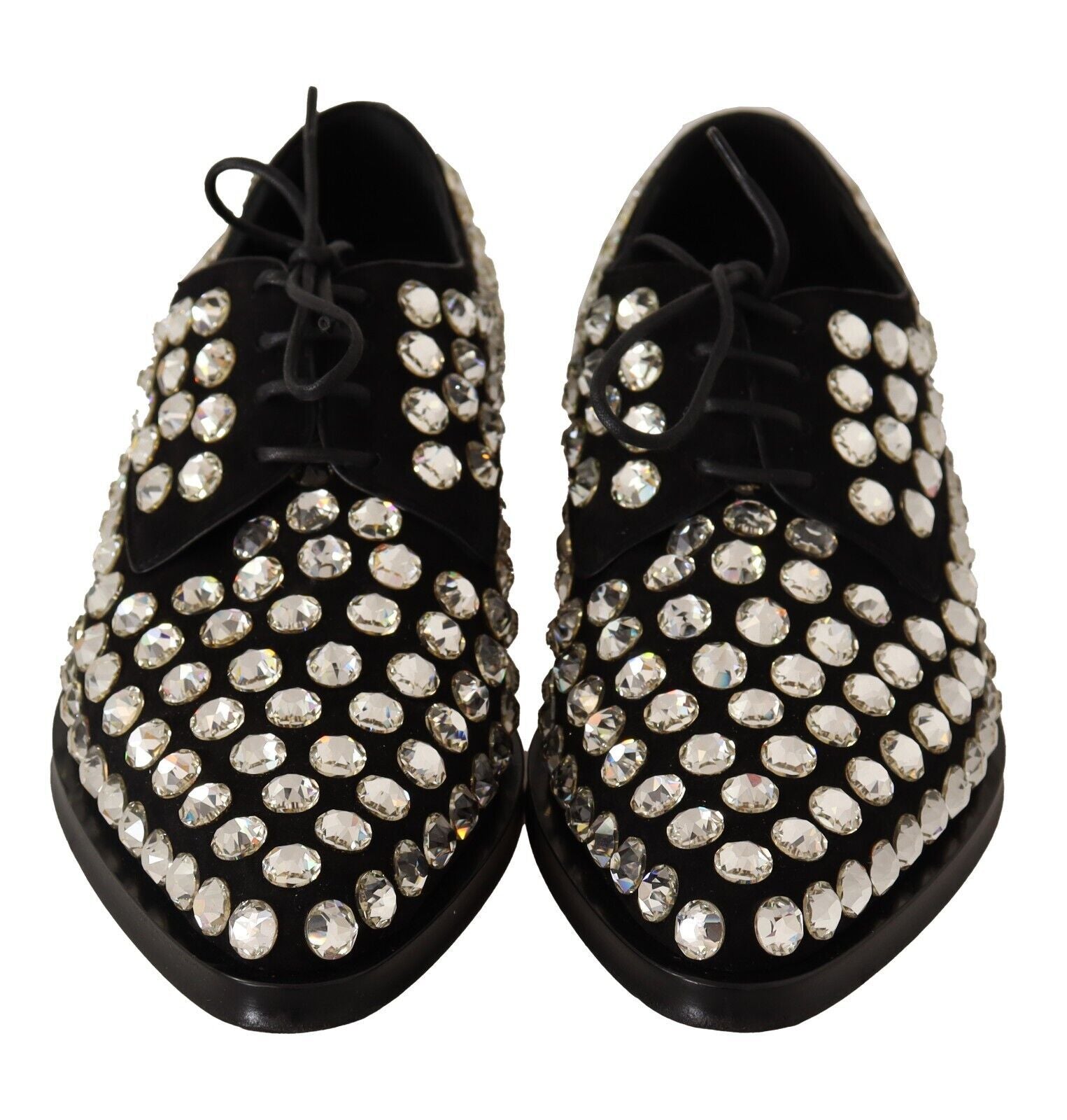 Black Leather Crystals Lace Up Formal Shoes-Dolce & Gabbana-LabelTerrace.com