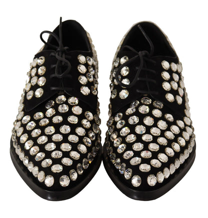 Black Leather Crystals Lace Up Formal Shoes-Dolce & Gabbana-LabelTerrace.com