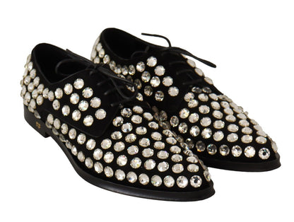 Black Leather Crystals Lace Up Formal Shoes-Dolce & Gabbana-LabelTerrace.com