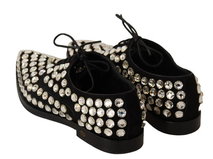 Black Leather Crystals Lace Up Formal Shoes-Dolce & Gabbana-LabelTerrace.com