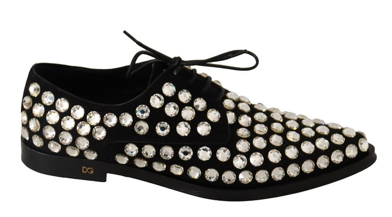 Black Leather Crystals Lace Up Formal Shoes-Dolce & Gabbana-LabelTerrace.com