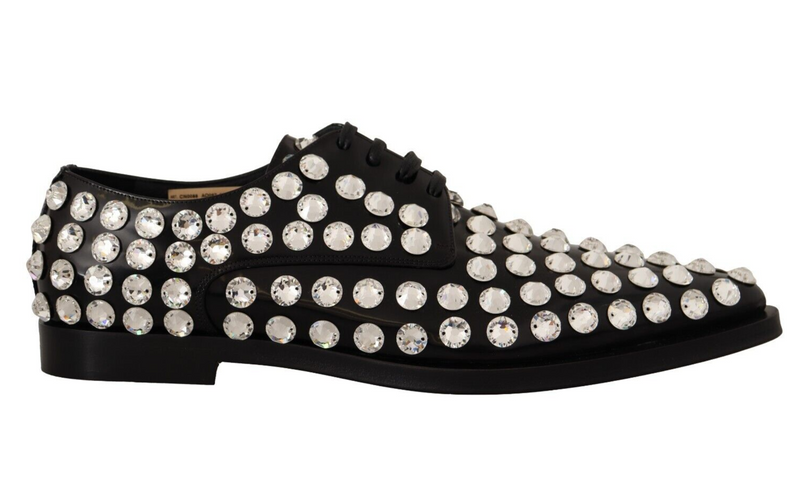 Black Leather Crystals Lace Up Formal Shoes-Dolce & Gabbana-LabelTerrace.com