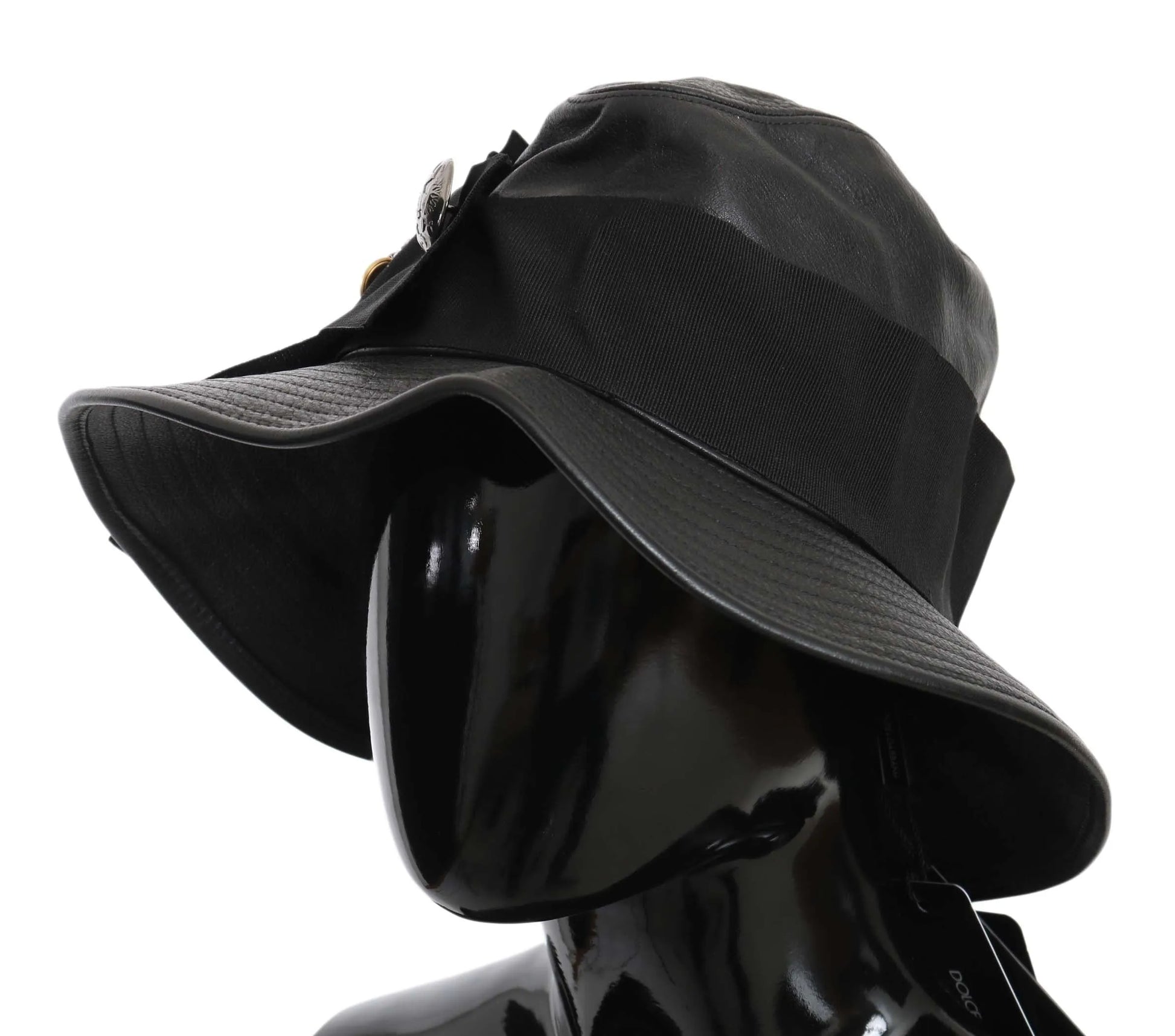 Black Leather DG Coin Crystal Wide Brim Hat-Dolce & Gabbana-LabelTerrace.com