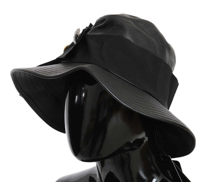 Black Leather DG Coin Crystal Wide Brim Hat-Dolce & Gabbana-LabelTerrace.com