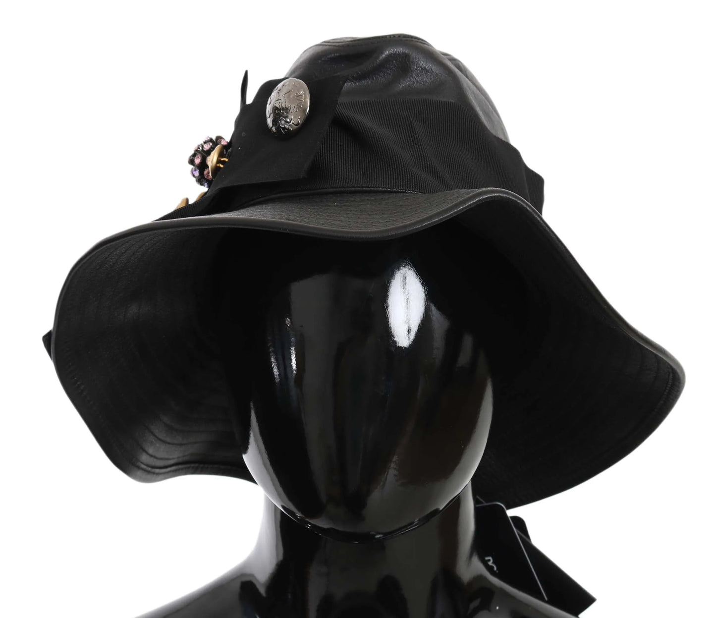 Black Leather DG Coin Crystal Wide Brim Hat-Dolce & Gabbana-LabelTerrace.com
