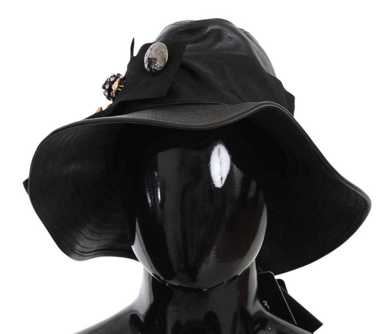 Black Leather DG Coin Crystal Wide Brim Hat-Dolce & Gabbana-LabelTerrace.com