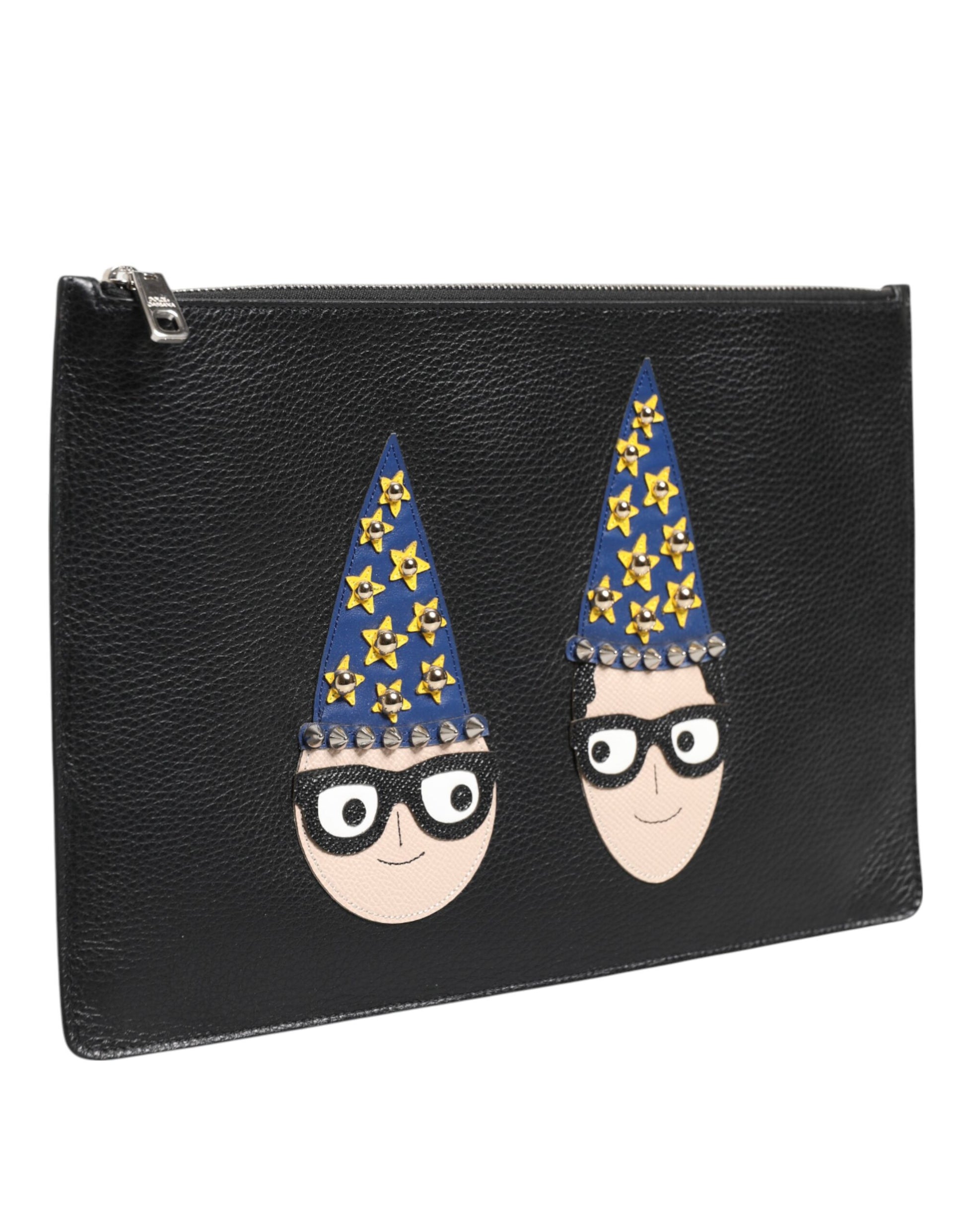 Black Leather #DGFAMILY Embellished Men Clutch Pouch Bag-Dolce & Gabbana-LabelTerrace.com