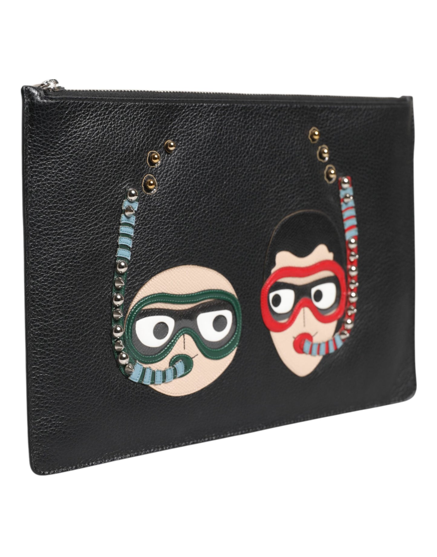 Black Leather #DGFAMILY Embellished Men Clutch Pouch Bag-Dolce & Gabbana-LabelTerrace.com