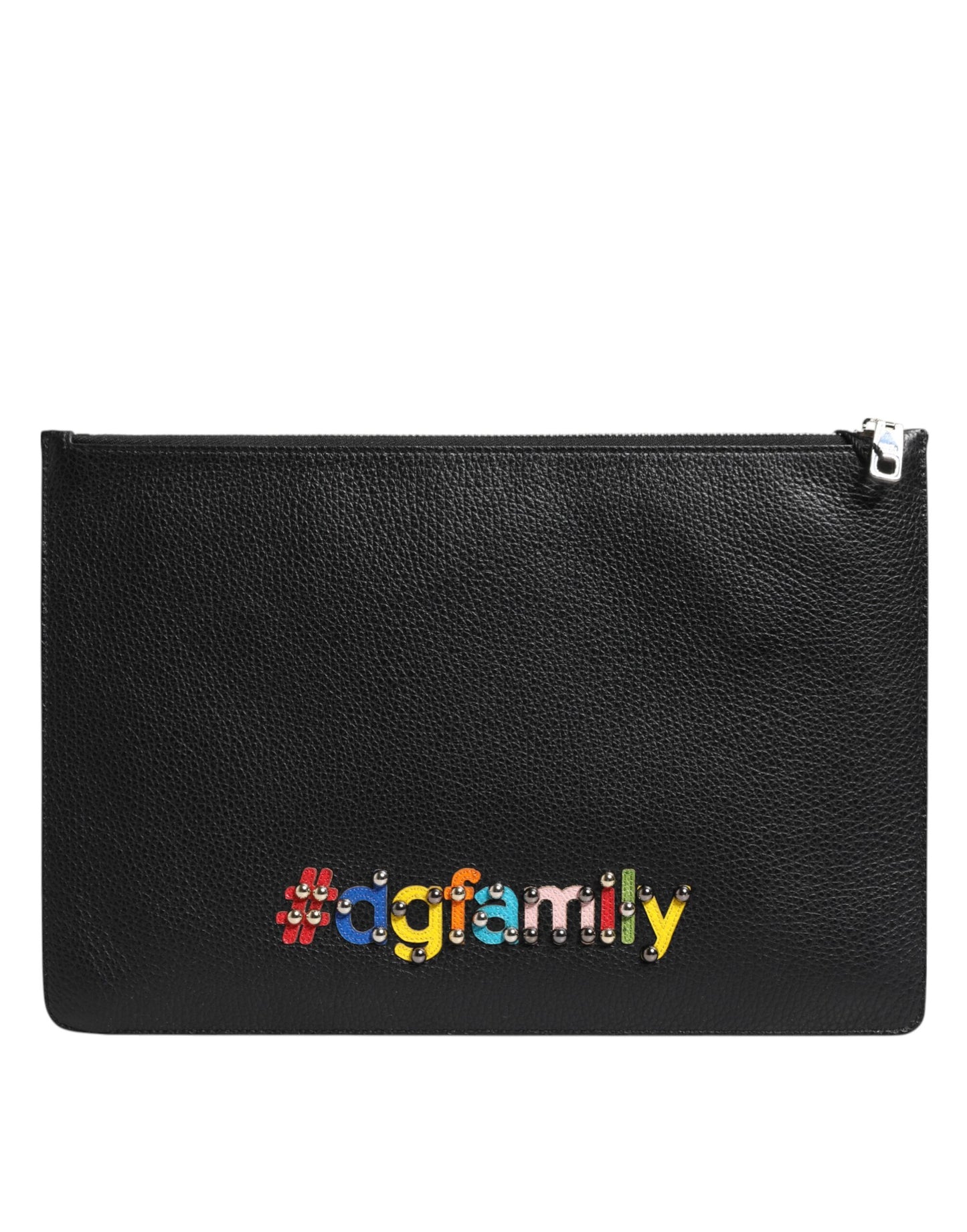 Black Leather #DGFAMILY Embellished Men Clutch Pouch Bag-Dolce & Gabbana-LabelTerrace.com