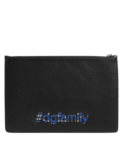 Black Leather #DGFAMILY Embellished Men Clutch Pouch Bag-Dolce & Gabbana-LabelTerrace.com