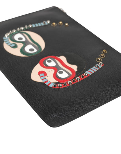 Black Leather #DGFAMILY Embellished Men Clutch Pouch Bag-Dolce & Gabbana-LabelTerrace.com