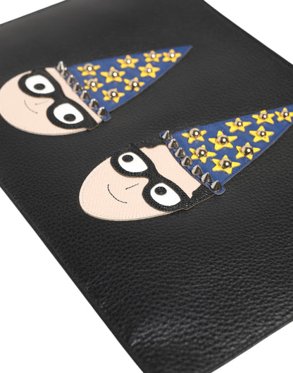 Black Leather #DGFAMILY Embellished Men Clutch Pouch Bag-Dolce & Gabbana-LabelTerrace.com