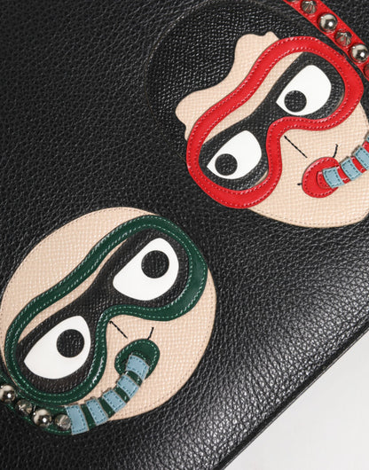 Black Leather #DGFAMILY Embellished Men Clutch Pouch Bag-Dolce & Gabbana-LabelTerrace.com