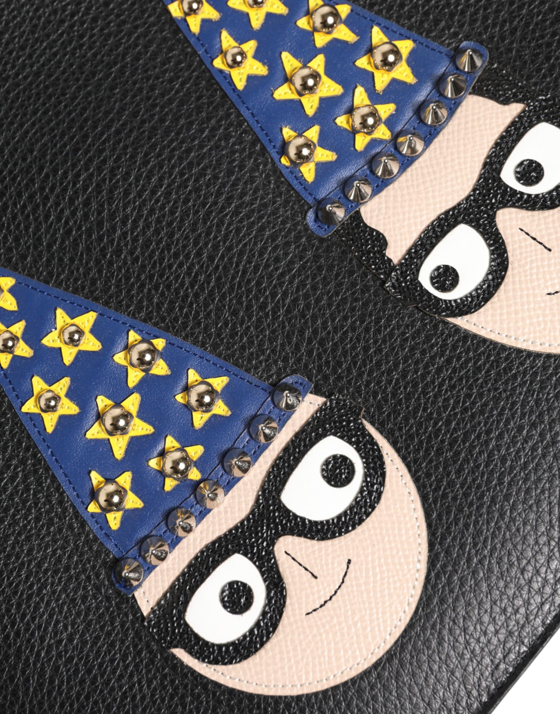 Black Leather #DGFAMILY Embellished Men Clutch Pouch Bag-Dolce & Gabbana-LabelTerrace.com