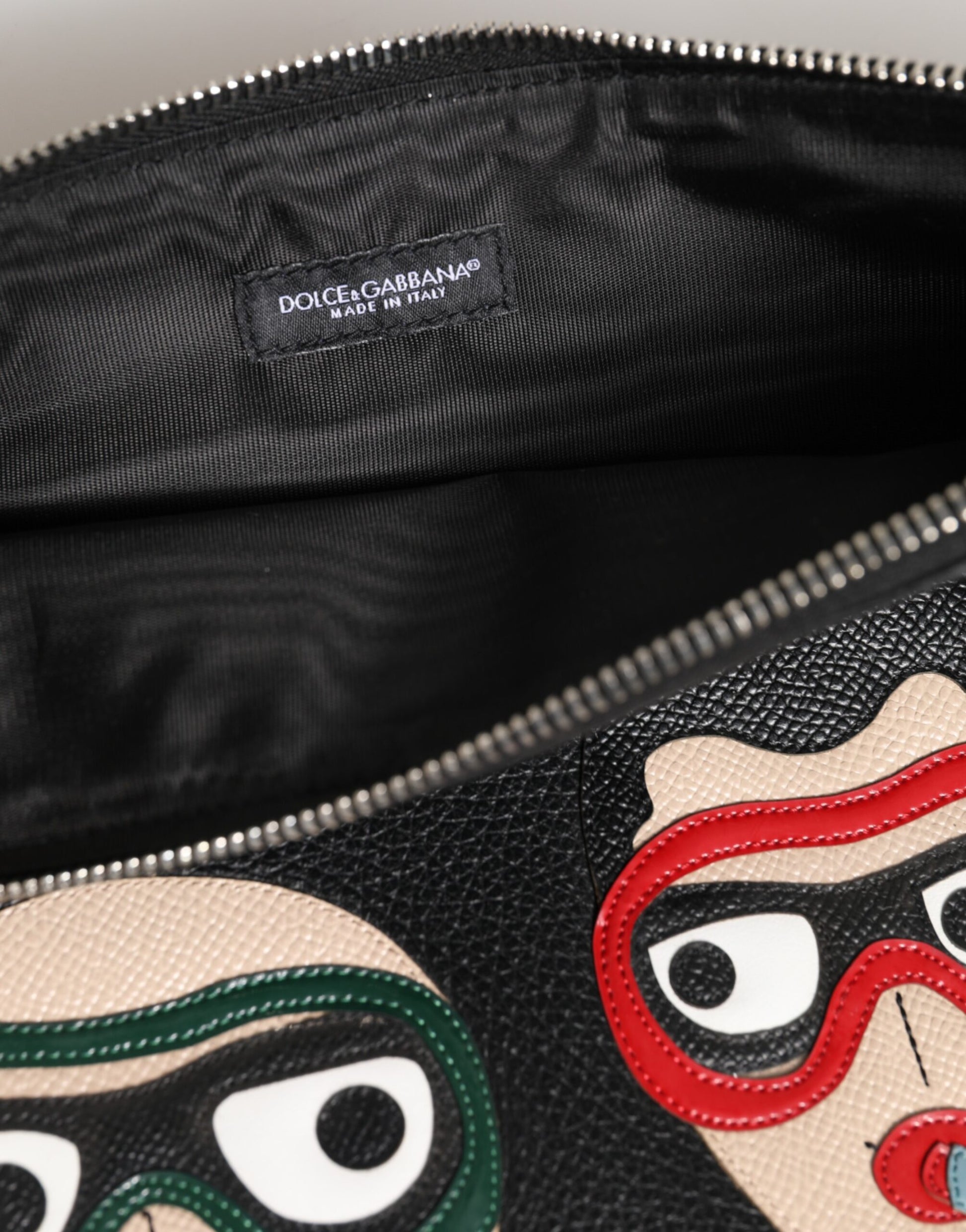 Black Leather #DGFAMILY Embellished Men Clutch Pouch Bag-Dolce & Gabbana-LabelTerrace.com