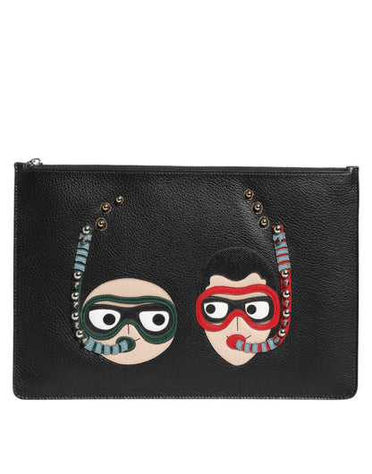Black Leather #DGFAMILY Embellished Men Clutch Pouch Bag-Dolce & Gabbana-LabelTerrace.com