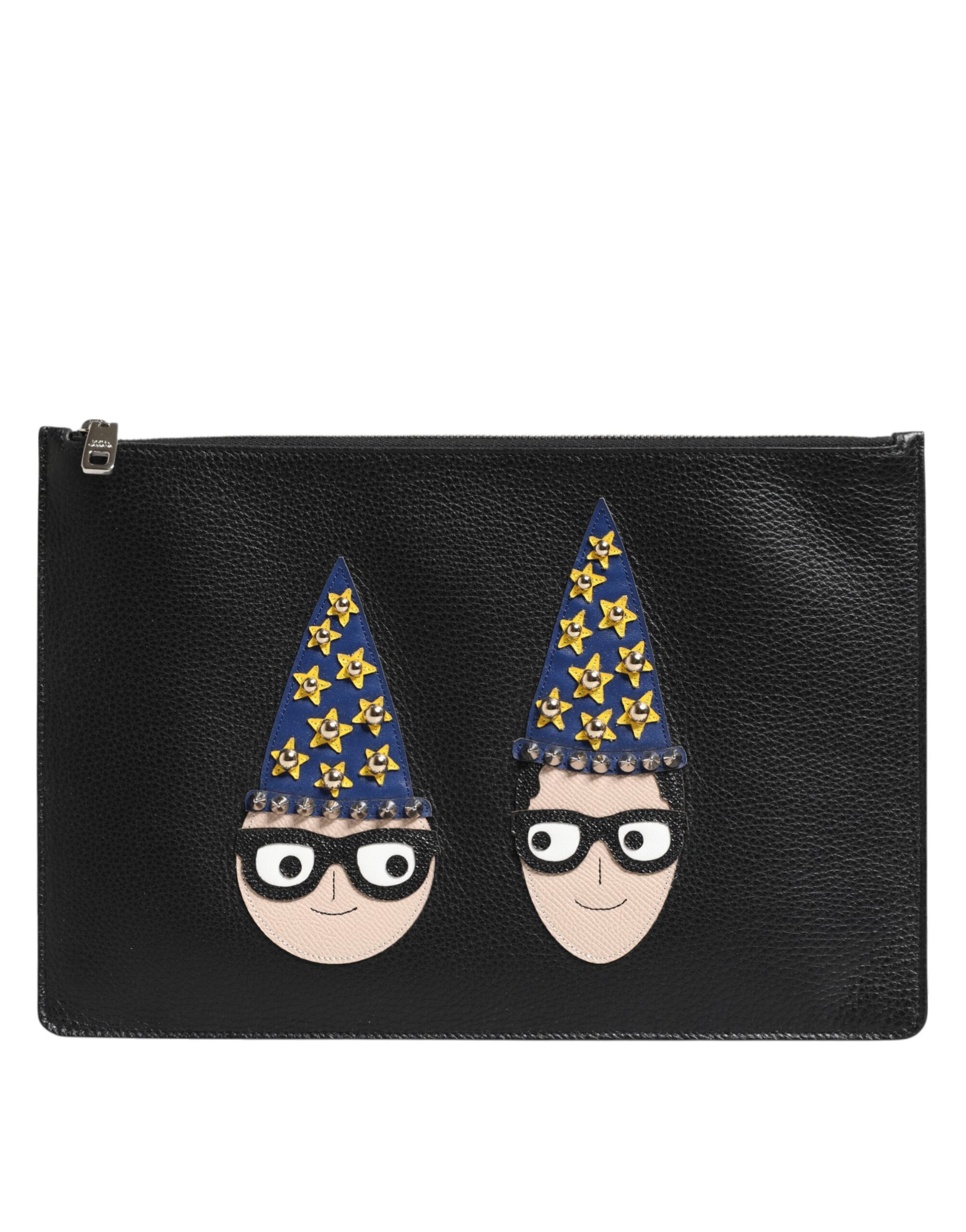 Black Leather #DGFAMILY Embellished Men Clutch Pouch Bag-Dolce & Gabbana-LabelTerrace.com