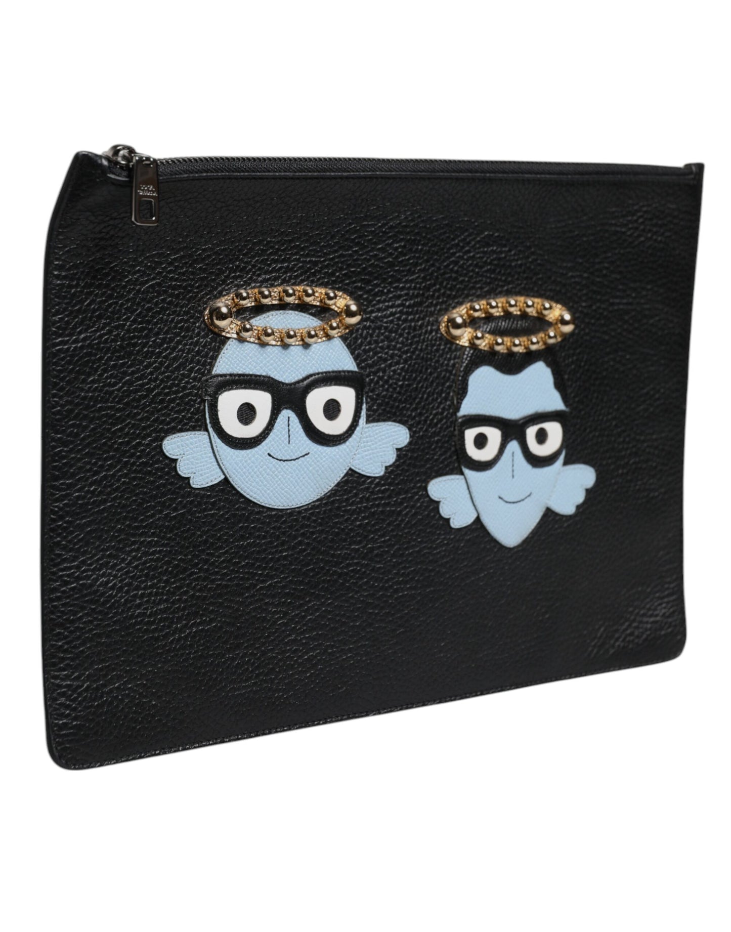 Black Leather #DGFAMILY Embellished Men Zip Pouch Bag-Dolce & Gabbana-LabelTerrace.com