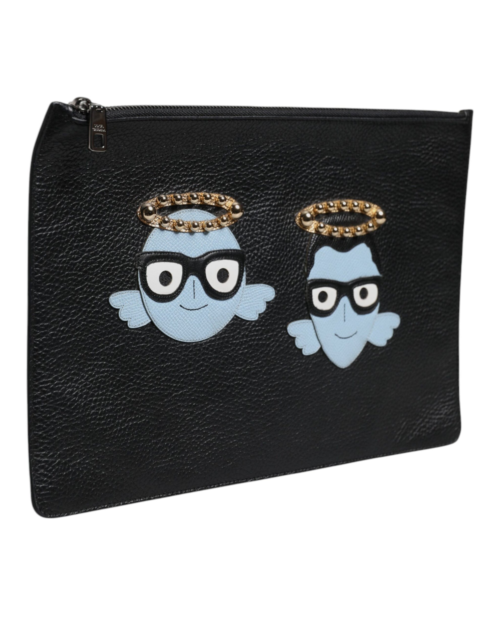 Black Leather #DGFAMILY Embellished Men Zip Pouch Bag-Dolce & Gabbana-LabelTerrace.com