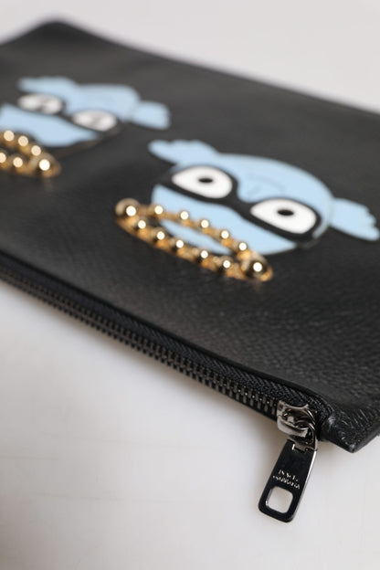 Black Leather #DGFAMILY Embellished Men Zip Pouch Bag-Dolce & Gabbana-LabelTerrace.com