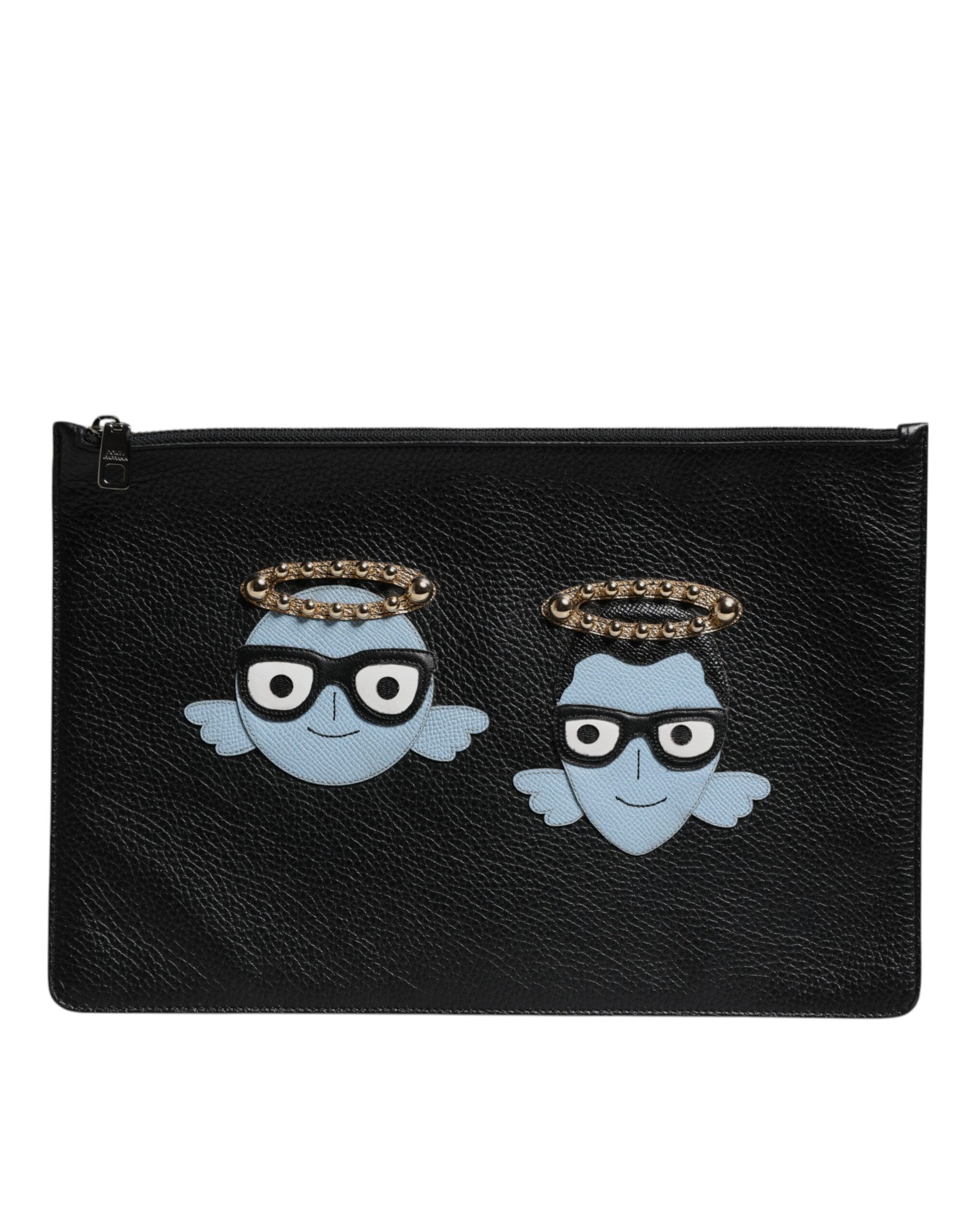 Black Leather #DGFAMILY Embellished Men Zip Pouch Bag-Dolce & Gabbana-LabelTerrace.com