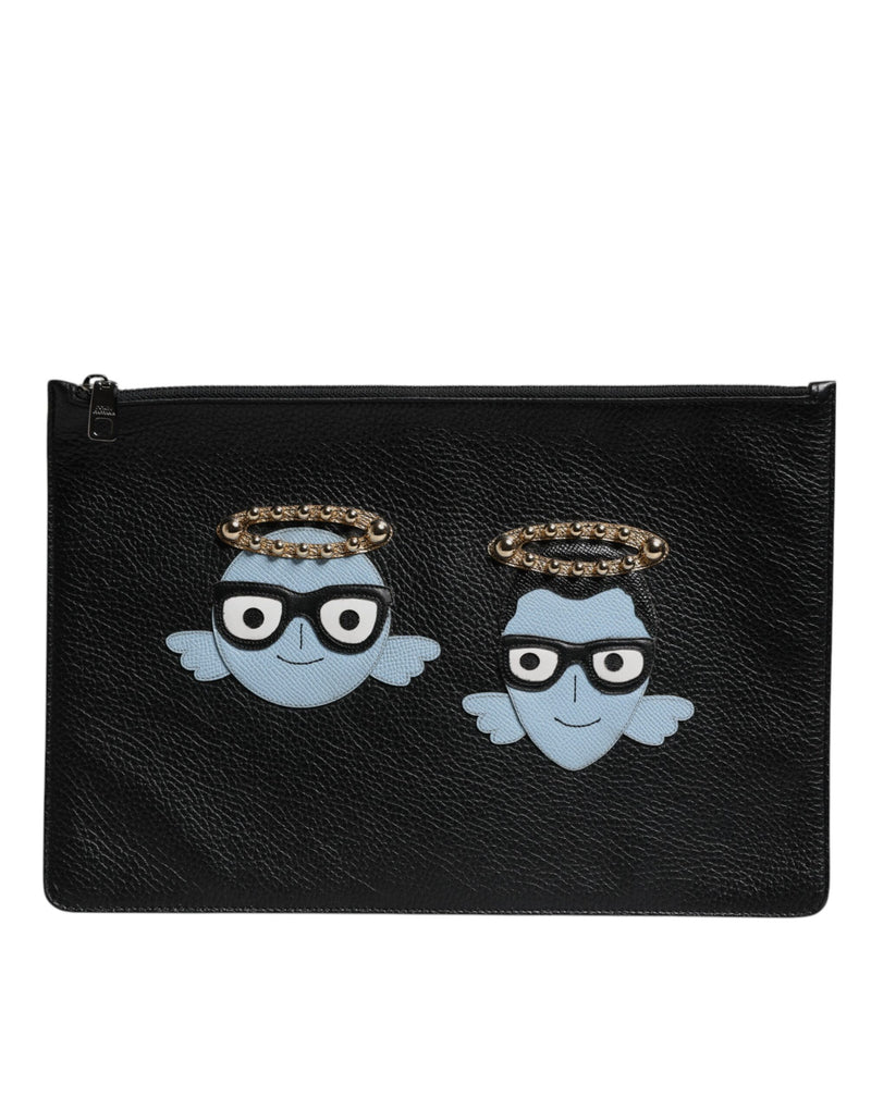 Black Leather #DGFAMILY Embellished Men Zip Pouch Bag-Dolce & Gabbana-LabelTerrace.com